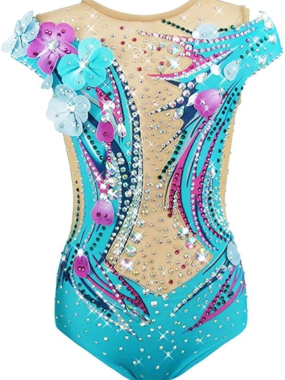 Turquoise Floral Rhinestone rhythmic Gymnastics Leotard -girls